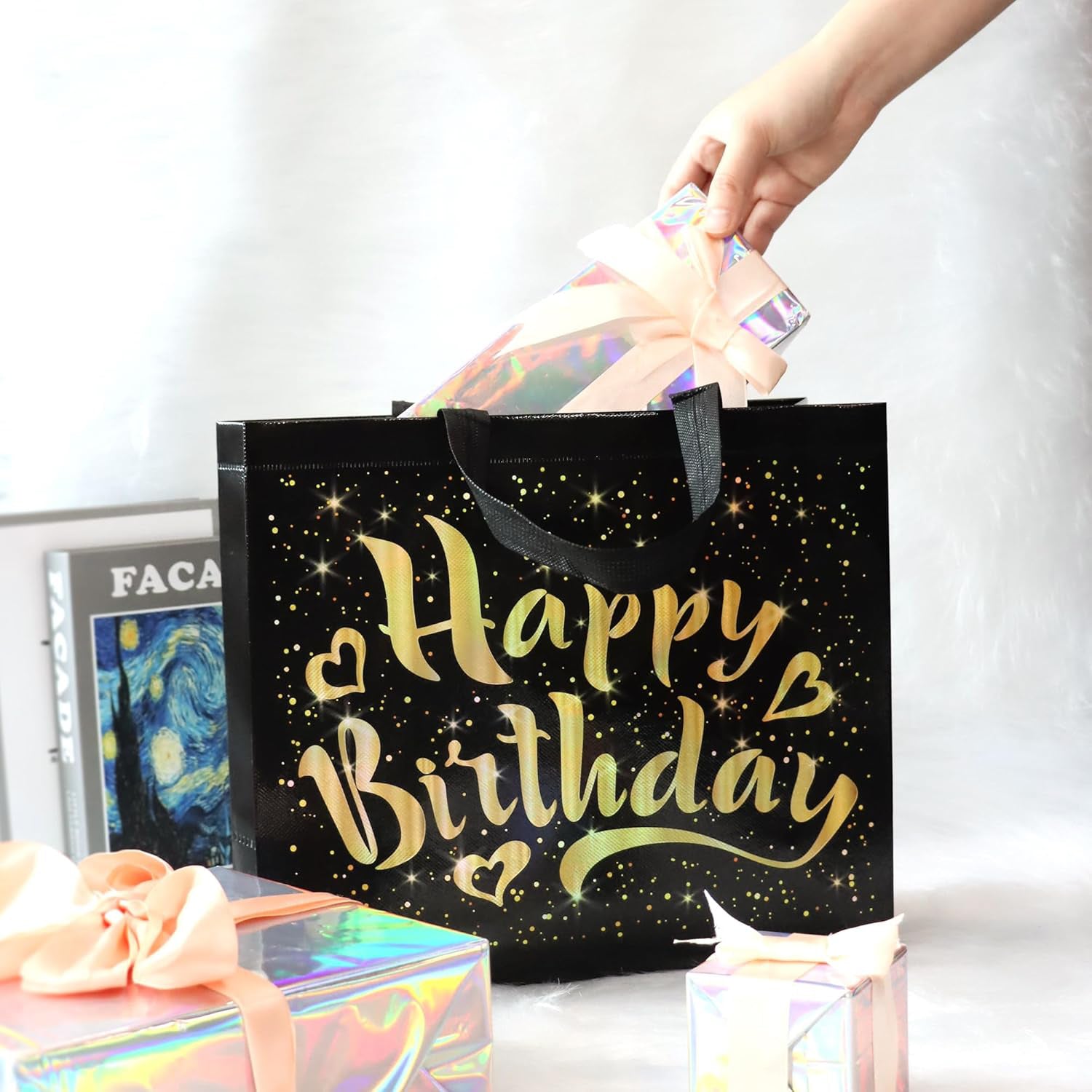 Birthday Gift Bag With Gold Shiny Stars Reusable Party Gift Bags (1 Pc) Birthday Gift Bag With Gold Shiny Stars Reusable Party Gift Bags (1 Pc)